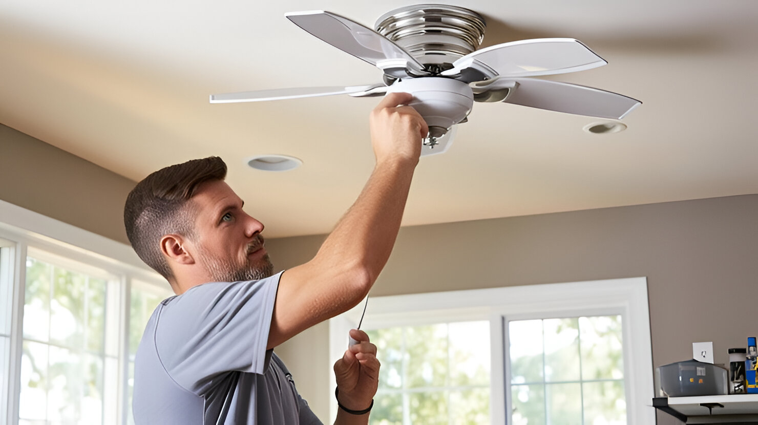 A man installing a ceiling fan